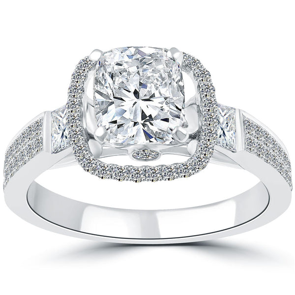 2.42 Carat F-VS2 Cushion Cut Diamond Engagement Ring 18k White Gold Pave Halo