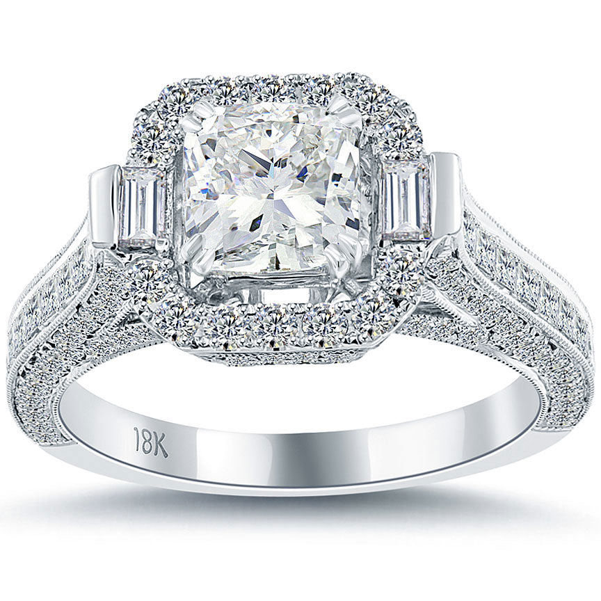 3.18 Carat G-SI1 Cushion Cut Diamond Engagement Ring 18k Gold Vintage Style
