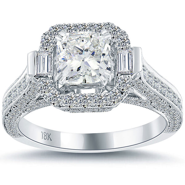 3.18 Carat G-SI1 Cushion Cut Diamond Engagement Ring 18k Gold Vintage Style
