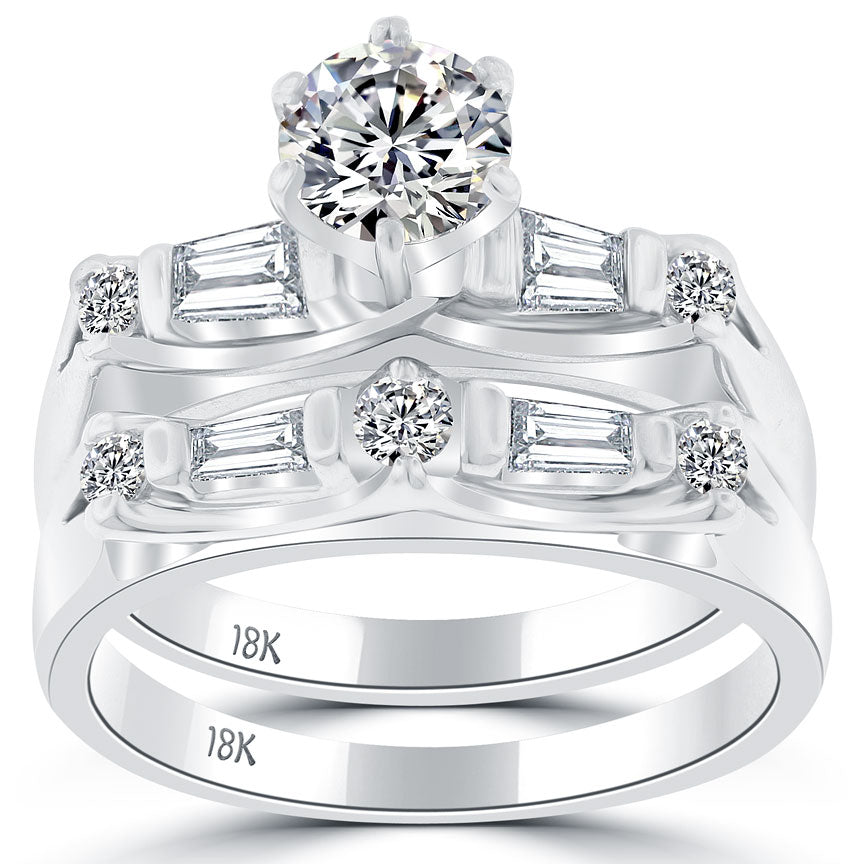 1.18 Carat G-VS2 Diamond Engagement Ring & Wedding Band Set 18k White Gold
