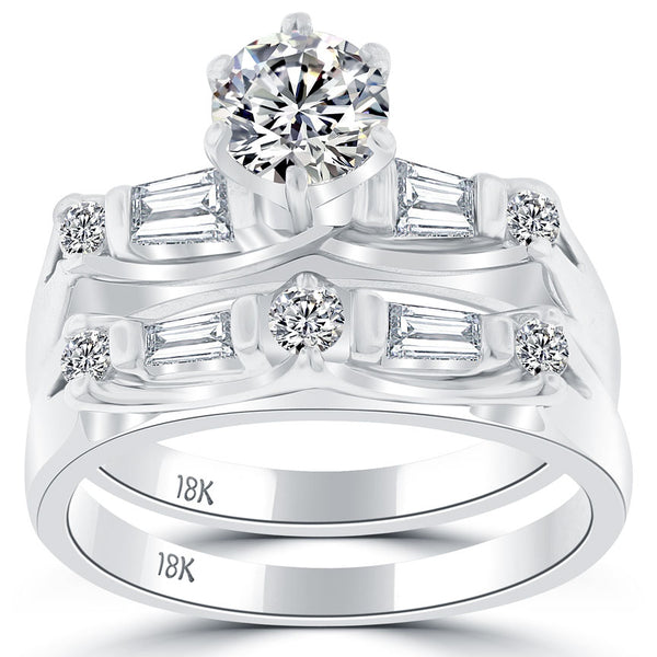 1.18 Carat G-VS2 Diamond Engagement Ring & Wedding Band Set 18k White Gold