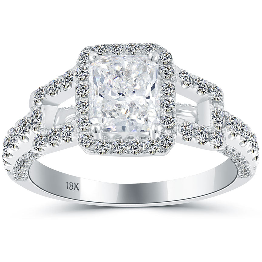 2.35 Carat G-VS2 Radiant Cut Diamond Engagement Ring 18k White Gold Pave Halo
