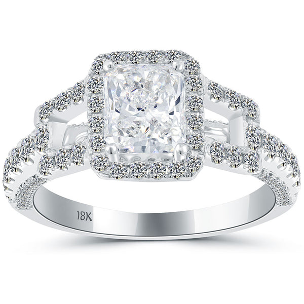 2.35 Carat G-VS2 Radiant Cut Diamond Engagement Ring 18k White Gold Pave Halo