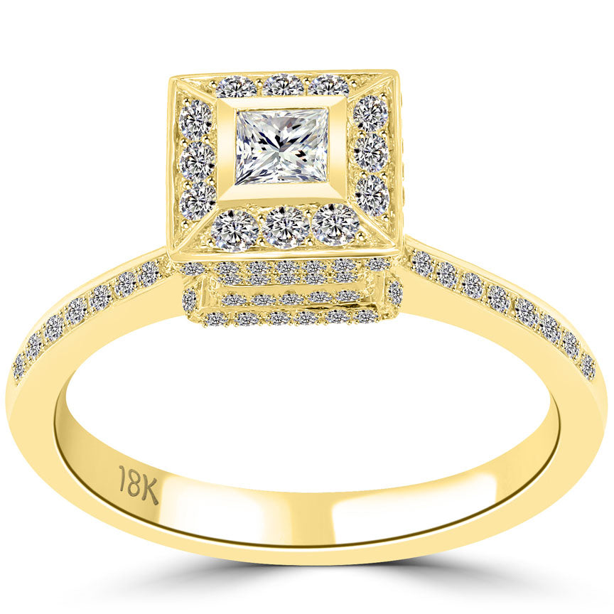 1.25 Carat G-VS1 Princess Cut Diamond Engagement Ring 18k Yellow Gold Pave Halo