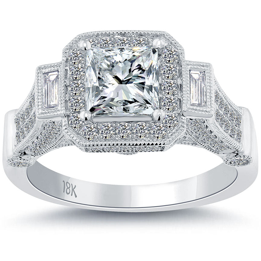 2.24 Carat G-VS2 Certified Princess Cut Diamond Engagement Ring 18k Pave Halo