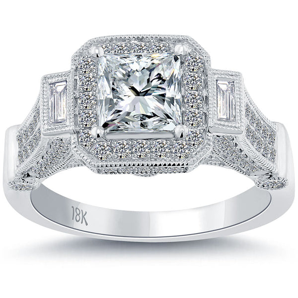 2.24 Carat G-VS2 Certified Princess Cut Diamond Engagement Ring 18k Pave Halo