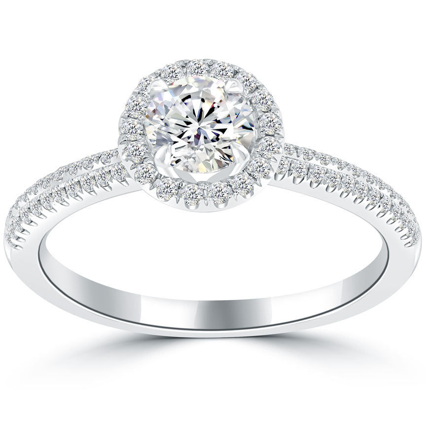 0.88 Ct. E-I1 Natural Round Diamond Engagement Ring 14k Pave Halo Vintage Style