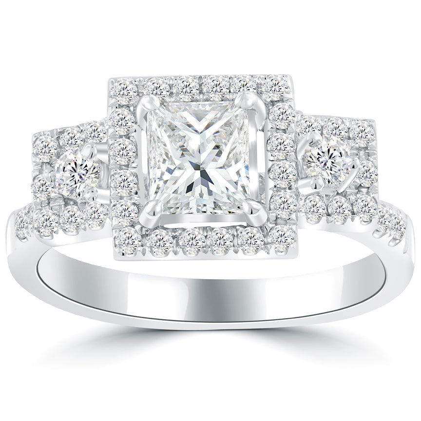 1.64 Carat H-SI1 Princess Cut Diamond Engagement Ring 14k White Gold Pave Halo