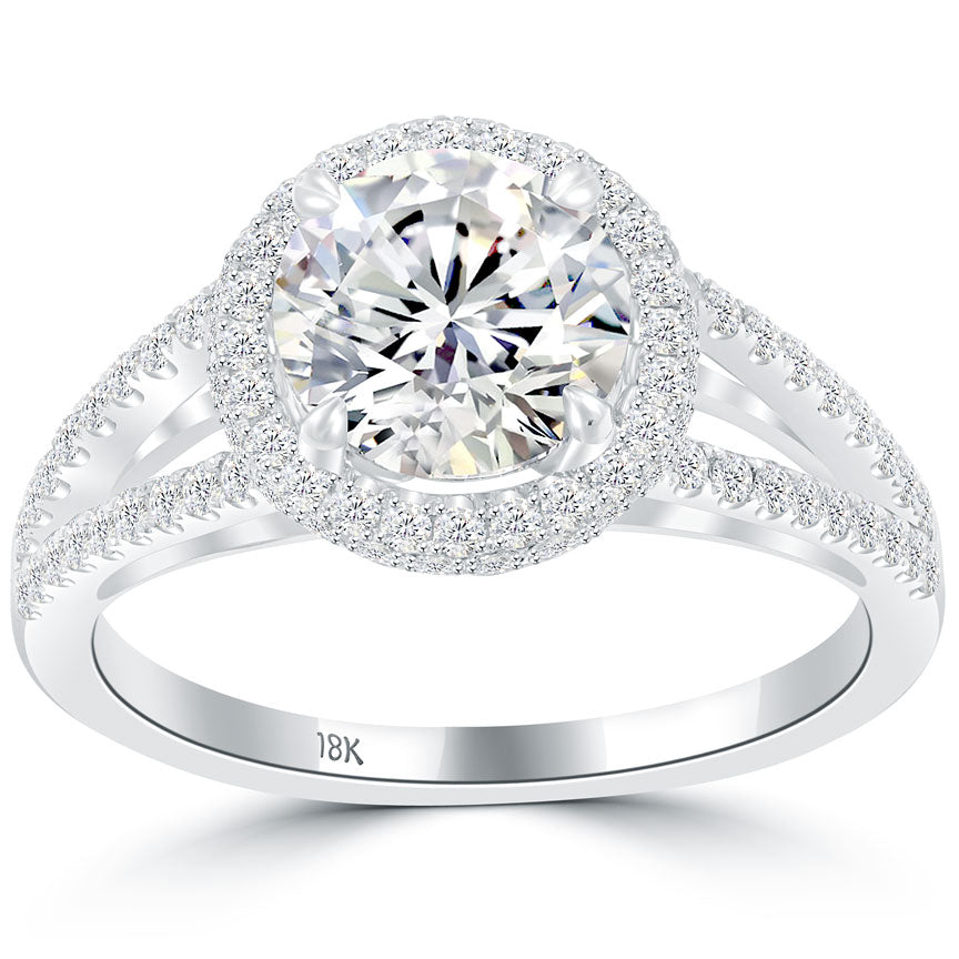 1.88 Carat F-SI3 Natural Round Diamond Engagement Ring 18k White Gold Pave Halo
