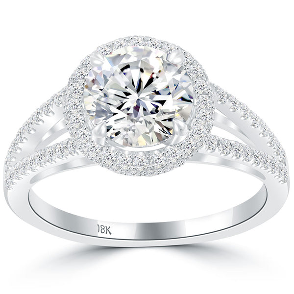 1.88 Carat F-SI3 Natural Round Diamond Engagement Ring 18k White Gold Pave Halo