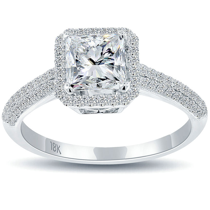 1.30 Carat G-SI3 Princess Cut Diamond Engagement Ring 18k White Gold Pave Halo