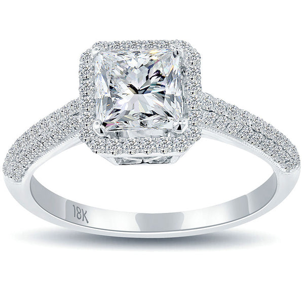 1.30 Carat G-SI3 Princess Cut Diamond Engagement Ring 18k White Gold Pave Halo