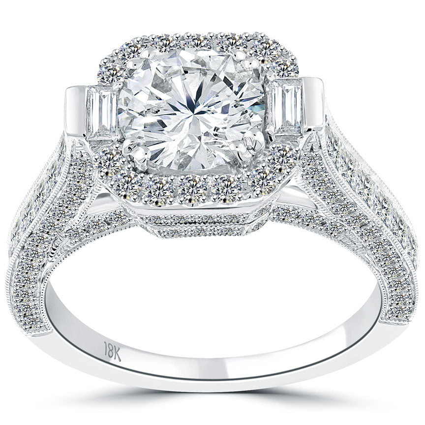 3.32 Carat G-SI2 Vintage Style Round Diamond Engagement Ring 18k White Gold