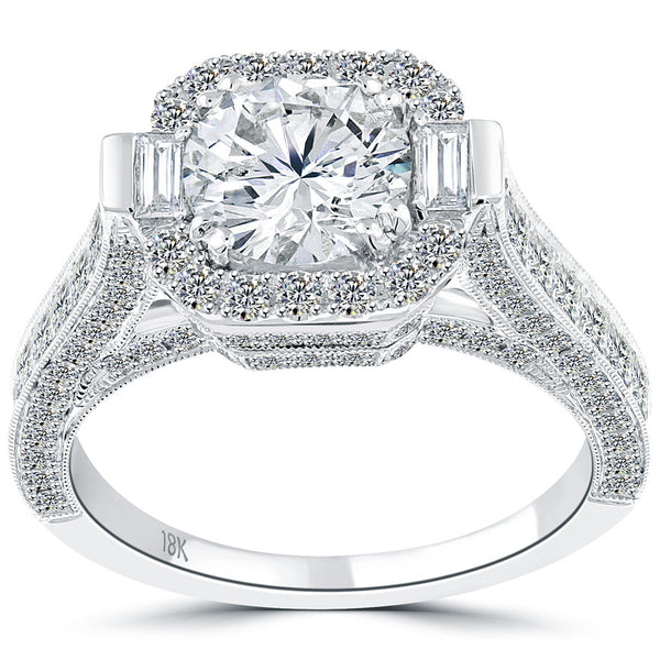 3.32 Carat G-SI2 Vintage Style Round Diamond Engagement Ring 18k White Gold