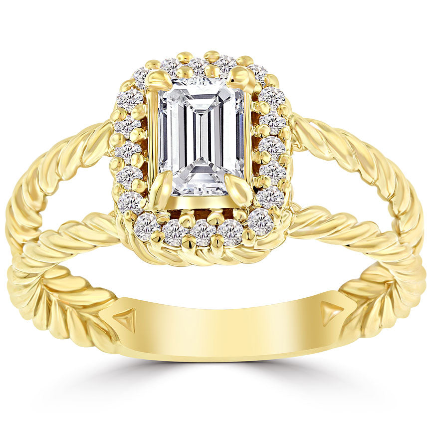 0.96 Carat H-VVS1 Emerald Cut Diamond Engagement Ring 14k Yellow Gold Pave Halo
