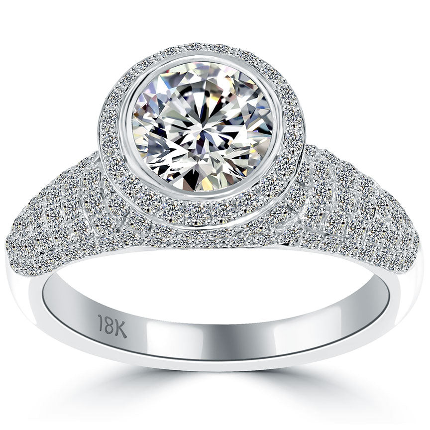 2.96 Carat F-SI1 Natural Round Diamond Engagement Ring 18k White Gold Pave Halo