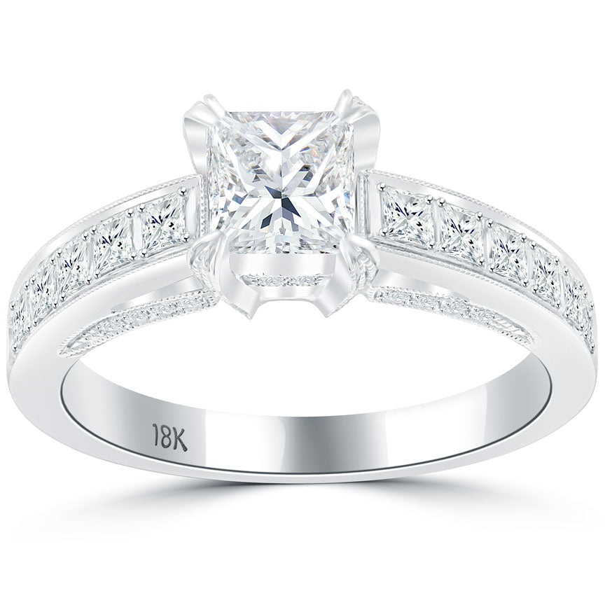 1.52 Carat G-VS1 Certified Princess Cut Diamond Engagement Ring 18k White Gold