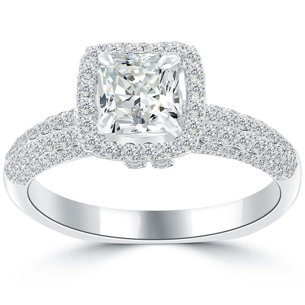 1.75 Carat H-VS1 Cushion Cut Natural Diamond Engagement Ring 14k Gold Pave Halo