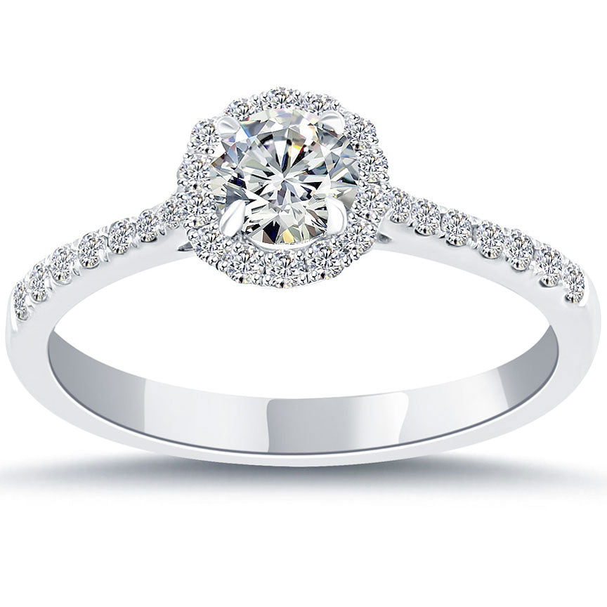 0.78 Carat H-VS2 Natural Round Diamond Engagement Ring 14k White Gold Pave Halo