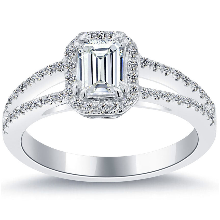 1.02 Carat G-VS2 Emerald Cut Diamond Engagement Ring 14k White Gold Pave Halo