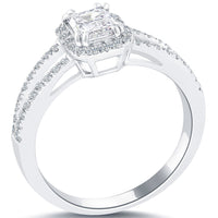 1.02 Carat G-VS2 Emerald Cut Diamond Engagement Ring 14k White Gold Pave Halo