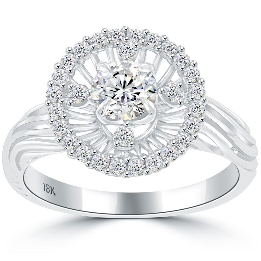 1.12 Carat F-SI1 Natural Round Diamond Engagement Ring 18k White Gold Pave Halo