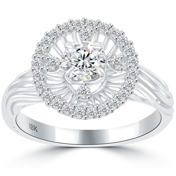 1.12 Carat F-SI1 Natural Round Diamond Engagement Ring 18k White Gold Pave Halo