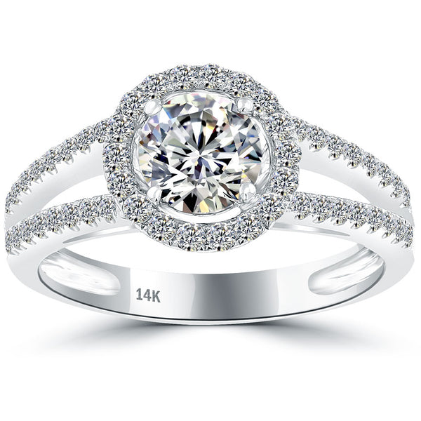1.54 Carat F-SI2 Natural Round Diamond Engagement Ring 14k White Gold Pave Halo