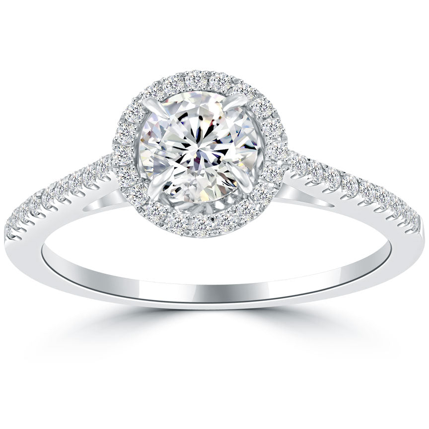 0.75 Carat F-SI1 Natural Round Diamond Engagement Ring 18k White Gold Pave Halo