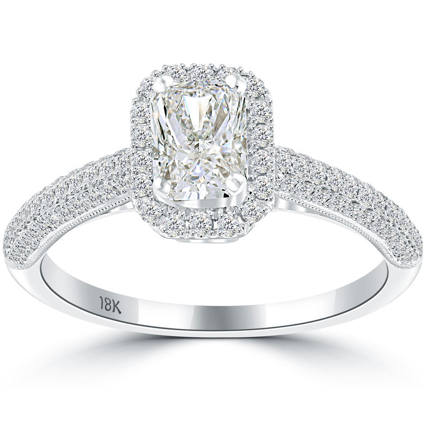 1.14 Carat H-VS1 Radiant Cut Diamond Engagement Ring 18k Pave Halo Vintage Style