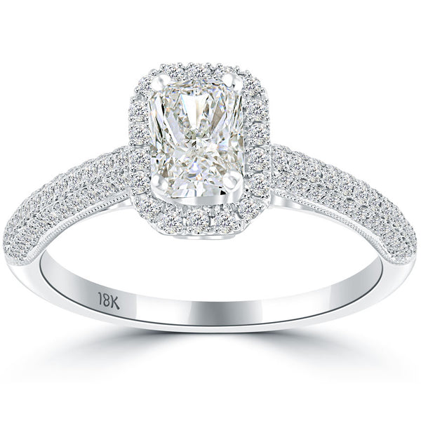 1.14 Carat H-VS1 Radiant Cut Diamond Engagement Ring 18k Pave Halo Vintage Style