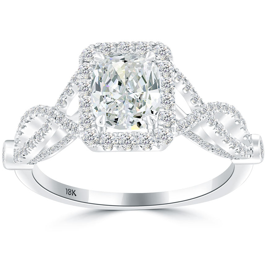 2.12 Carat F-SI1 Cushion Cut Diamond Engagement Ring 18k Pave Halo Vintage Style