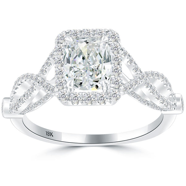 2.12 Carat F-SI1 Cushion Cut Diamond Engagement Ring 18k Pave Halo Vintage Style
