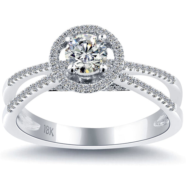 0.61 Carat F-SI1 Natural Round Diamond Engagement Ring 18k White Gold Pave Halo
