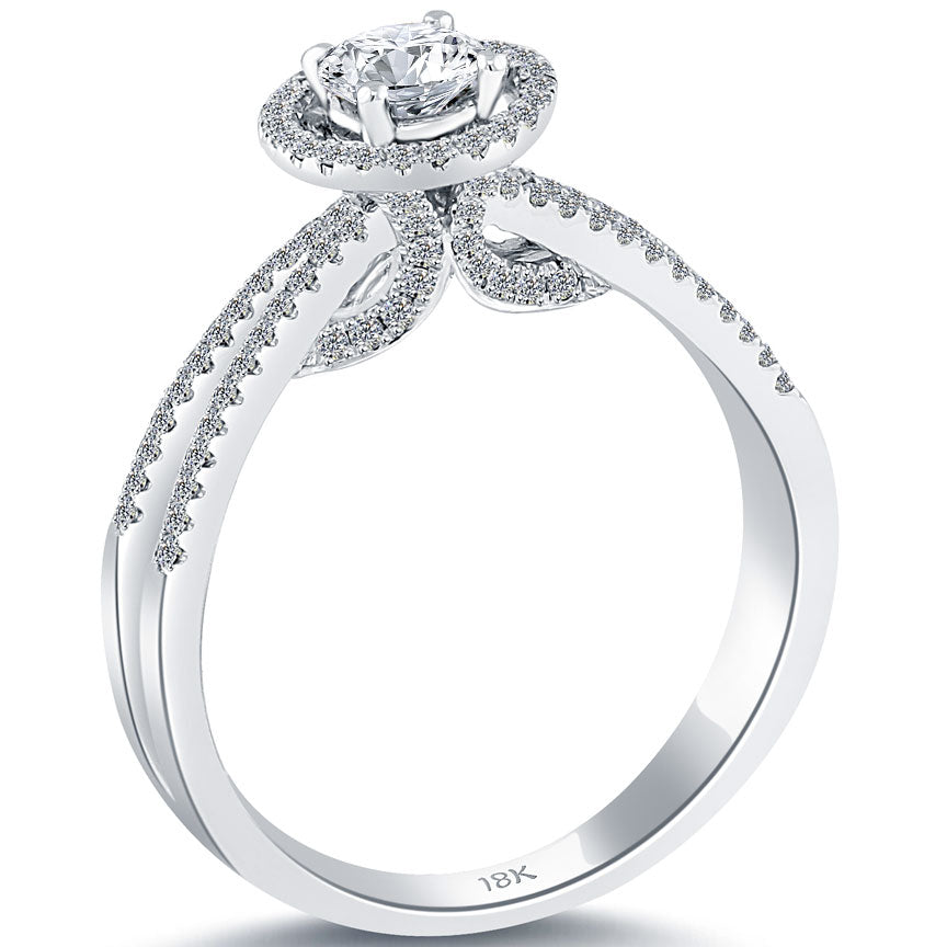 0.61 Carat F-SI1 Natural Round Diamond Engagement Ring 18k White Gold Pave Halo