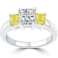 2.19 Carat Fancy Yellow & White Radiant Cut Three Stone Diamond Engagement Ring