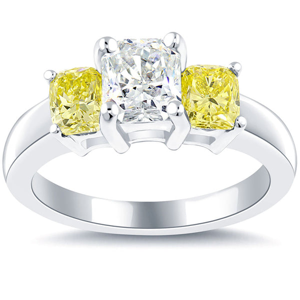 2.52 Carat Fancy Yellow & White Radiant Cut Three Stone Diamond Engagement Ring