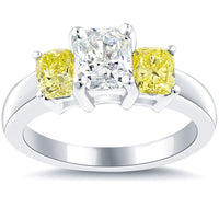 2.52 Carat Fancy Yellow & White Radiant Cut Three Stone Diamond Engagement Ring