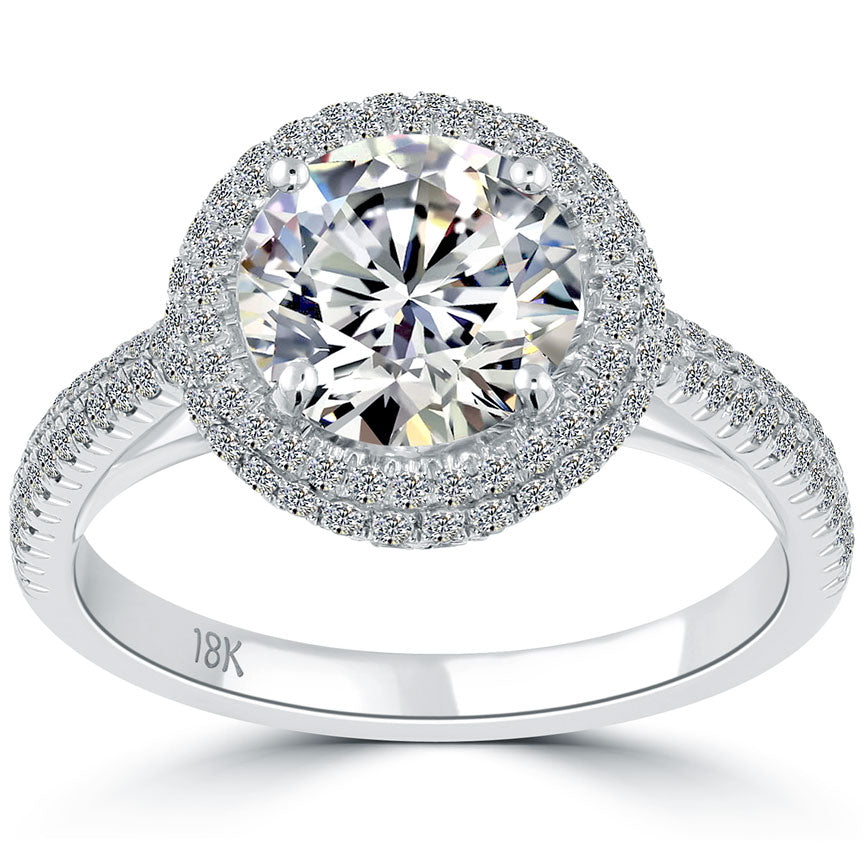 2.48 Carat H-SI1 Natural Round Diamond Engagement Ring 18k White Gold Pave Halo