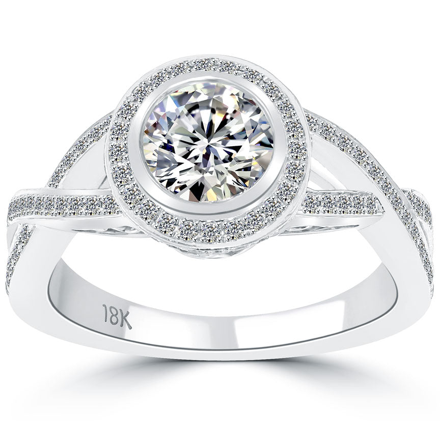 1.73 Carat F-SI1 Natural Round Diamond Engagement Ring 18k White Gold Pave Halo