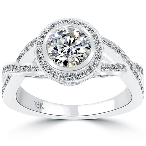 1.73 Carat F-SI1 Natural Round Diamond Engagement Ring 18k White Gold Pave Halo