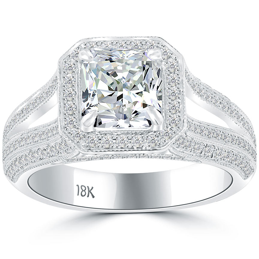 2.40 Carat I-VS2 Radiant Cut Diamond Engagement Ring 18k Pave Halo Vintage Style