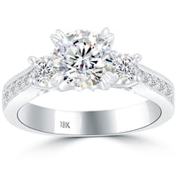 2.00 Carat F-SI2 Three Stone Natural Diamond Engagement Ring 18k White Gold