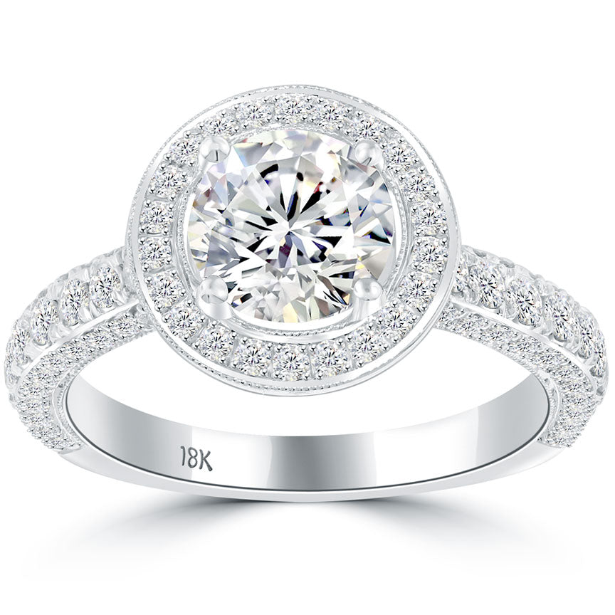 2.16 Carat G-SI1 Natural Round Diamond Engagement Ring 18k White Gold Pave Halo
