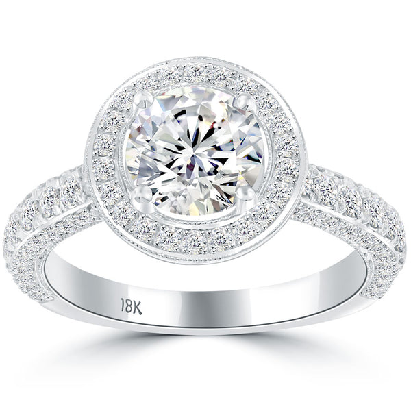 2.16 Carat G-SI1 Natural Round Diamond Engagement Ring 18k White Gold Pave Halo