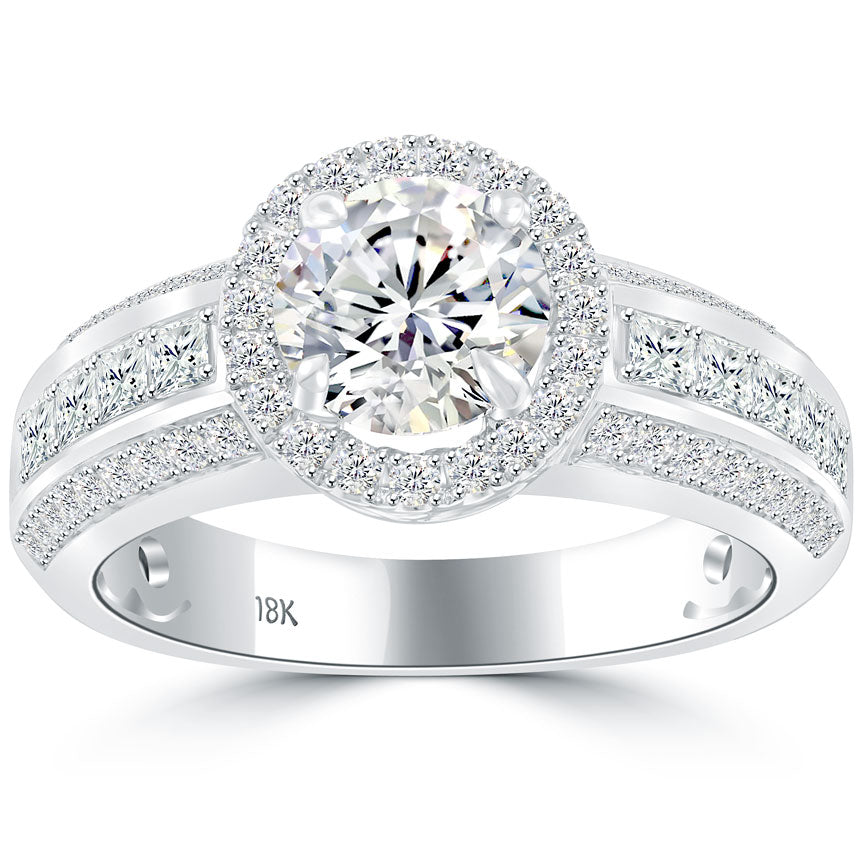 2.14 Carat G-SI1 Natural Round Diamond Engagement Ring 18k White Gold Pave Halo