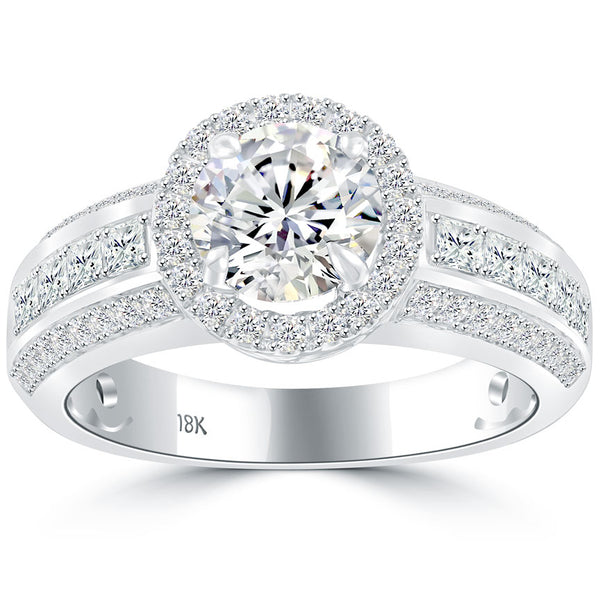 2.14 Carat G-SI1 Natural Round Diamond Engagement Ring 18k White Gold Pave Halo
