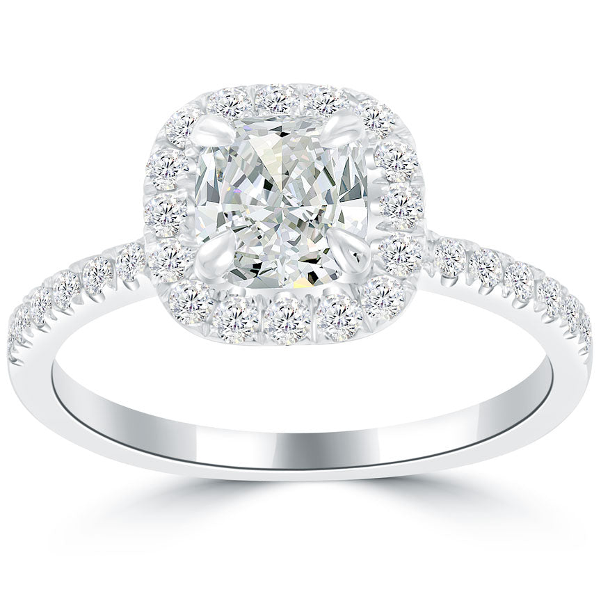1.45 Carat G-VS2 Cushion Cut Diamond Engagement Ring 14k Pave Halo Vintage Style