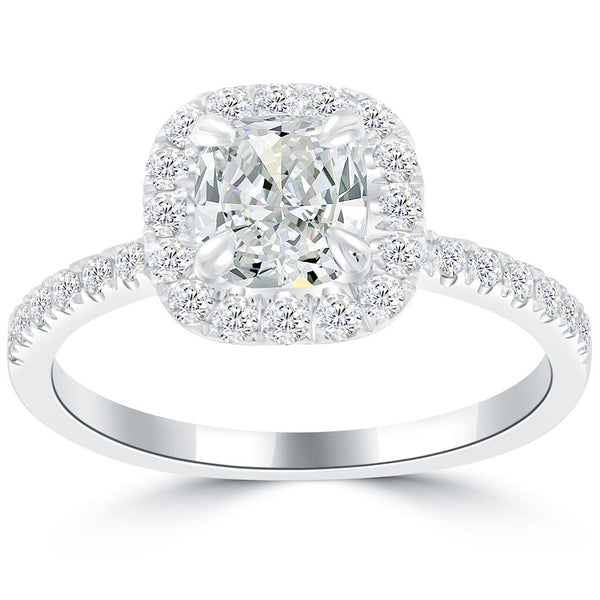 1.45 Carat G-VS2 Cushion Cut Diamond Engagement Ring 14k Pave Halo Vintage Style