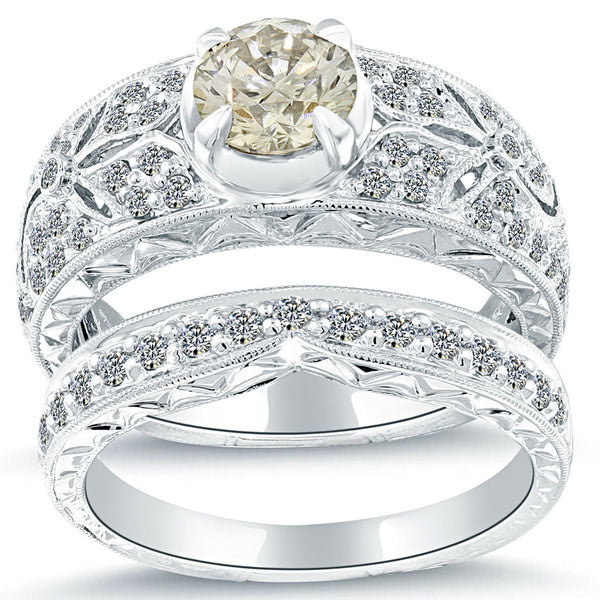 1.61 Carat K-VS2 Diamond Engagement Ring & Wedding Band Set 14k Vintage Style